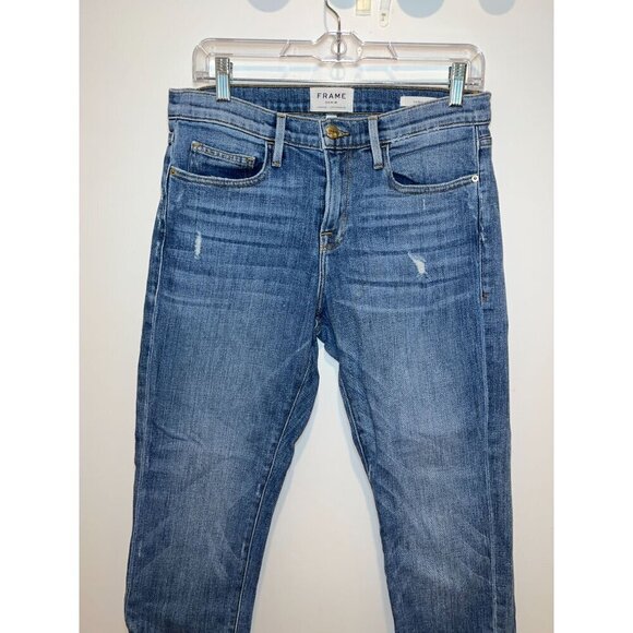 Frame Le Boy Distressed Slim Fit Blue Denim Jeans Womens Size 28 Ankle Length Ra - Picture 4 of 10